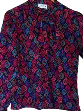 Vintage Jo Hardin Ikat Print Ascot Tie Blouse Pink Purple Size 12